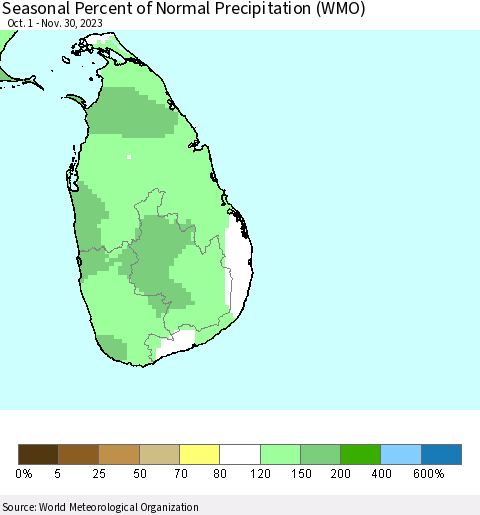 Sri Lanka Seasonal Percent of Normal Precipitation (WMO) Thematic Map For 10/1/2023 - 11/30/2023