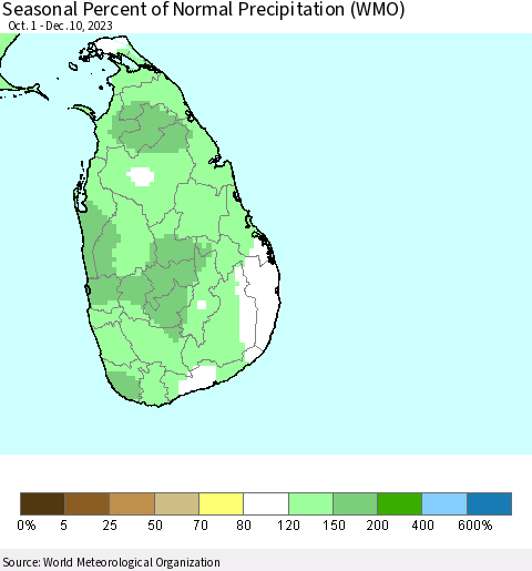 Sri Lanka Seasonal Percent of Normal Precipitation (WMO) Thematic Map For 10/1/2023 - 12/10/2023