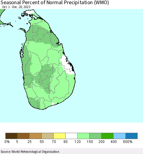 Sri Lanka Seasonal Percent of Normal Precipitation (WMO) Thematic Map For 10/1/2023 - 12/20/2023