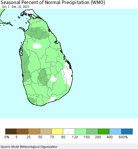 Sri Lanka Seasonal Percent of Normal Precipitation (WMO) Thematic Map For 10/1/2023 - 12/31/2023