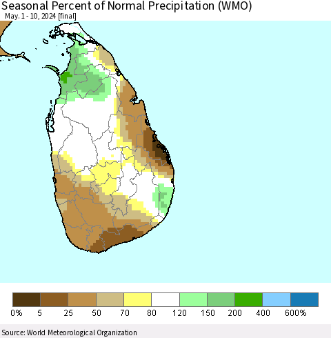 Sri Lanka Seasonal Percent of Normal Precipitation (WMO) Thematic Map For 5/1/2024 - 5/10/2024