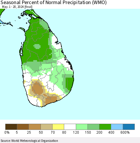 Sri Lanka Seasonal Percent of Normal Precipitation (WMO) Thematic Map For 5/1/2024 - 5/20/2024
