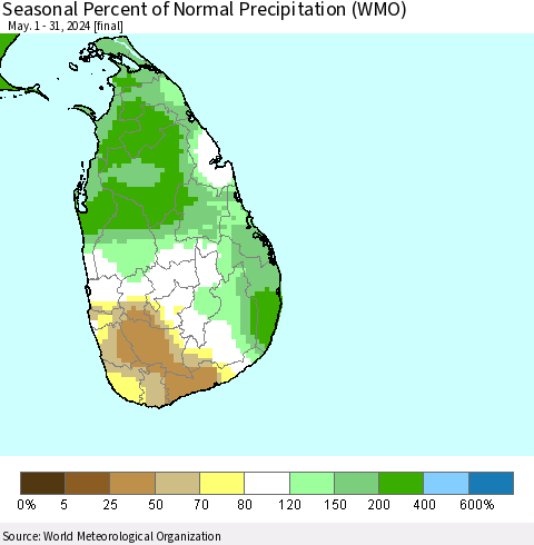 Sri Lanka Seasonal Percent of Normal Precipitation (WMO) Thematic Map For 5/1/2024 - 5/31/2024