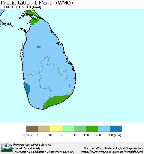 Sri Lanka Precipitation 1-Month (WMO) Thematic Map For 10/1/2018 - 10/31/2018