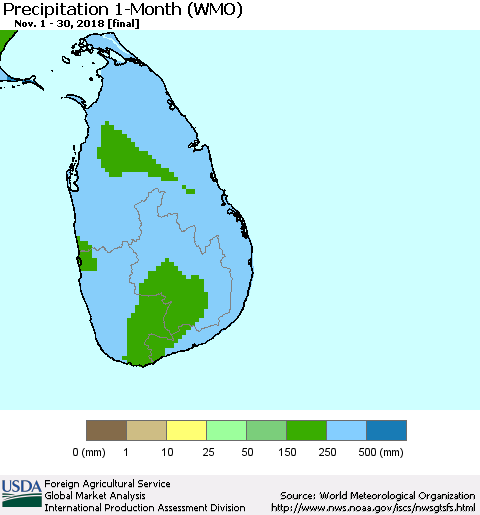 Sri Lanka Precipitation 1-Month (WMO) Thematic Map For 11/1/2018 - 11/30/2018