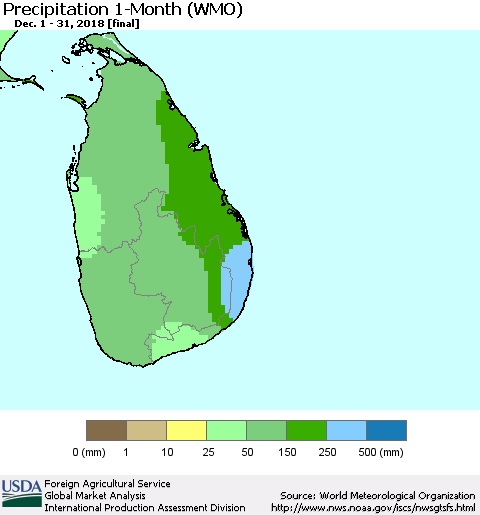 Sri Lanka Precipitation 1-Month (WMO) Thematic Map For 12/1/2018 - 12/31/2018