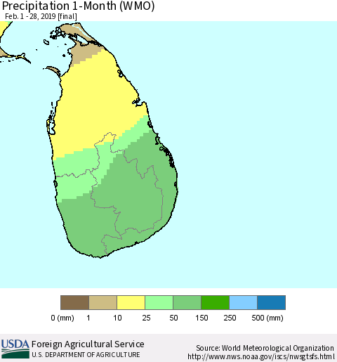 Sri Lanka Precipitation 1-Month (WMO) Thematic Map For 2/1/2019 - 2/28/2019