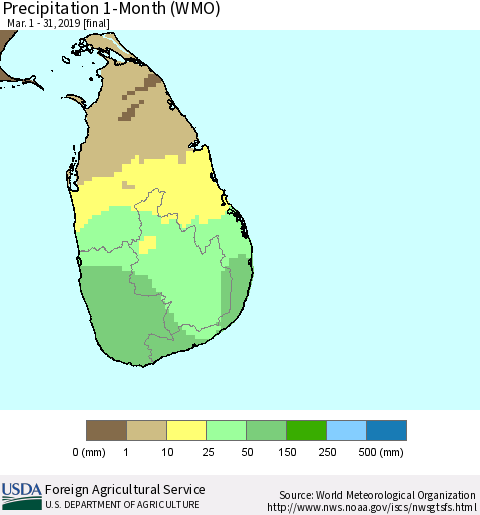 Sri Lanka Precipitation 1-Month (WMO) Thematic Map For 3/1/2019 - 3/31/2019
