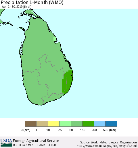 Sri Lanka Precipitation 1-Month (WMO) Thematic Map For 4/1/2019 - 4/30/2019