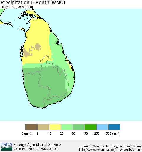 Sri Lanka Precipitation 1-Month (WMO) Thematic Map For 5/1/2019 - 5/31/2019