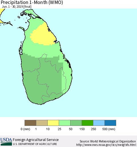 Sri Lanka Precipitation 1-Month (WMO) Thematic Map For 6/1/2019 - 6/30/2019