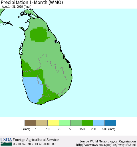 Sri Lanka Precipitation 1-Month (WMO) Thematic Map For 8/1/2019 - 8/31/2019