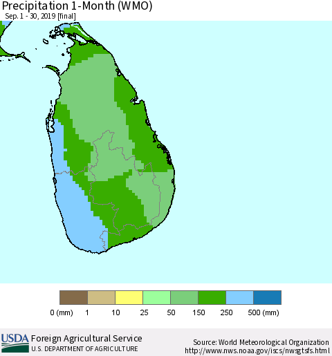 Sri Lanka Precipitation 1-Month (WMO) Thematic Map For 9/1/2019 - 9/30/2019
