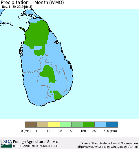 Sri Lanka Precipitation 1-Month (WMO) Thematic Map For 11/1/2019 - 11/30/2019