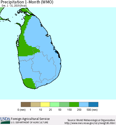 Sri Lanka Precipitation 1-Month (WMO) Thematic Map For 12/1/2019 - 12/31/2019