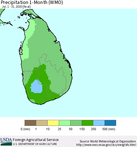 Sri Lanka Precipitation 1-Month (WMO) Thematic Map For 7/1/2020 - 7/31/2020