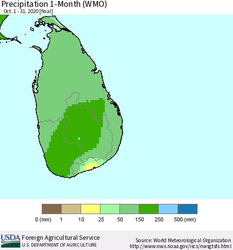 Sri Lanka Precipitation 1-Month (WMO) Thematic Map For 10/1/2020 - 10/31/2020