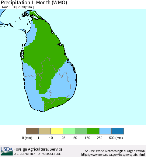Sri Lanka Precipitation 1-Month (WMO) Thematic Map For 11/1/2020 - 11/30/2020