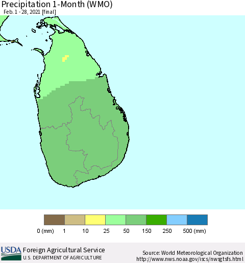 Sri Lanka Precipitation 1-Month (WMO) Thematic Map For 2/1/2021 - 2/28/2021