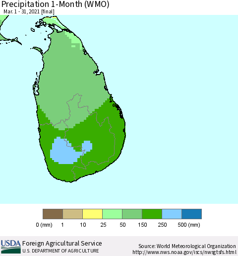 Sri Lanka Precipitation 1-Month (WMO) Thematic Map For 3/1/2021 - 3/31/2021