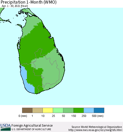 Sri Lanka Precipitation 1-Month (WMO) Thematic Map For 4/1/2021 - 4/30/2021