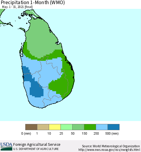 Sri Lanka Precipitation 1-Month (WMO) Thematic Map For 5/1/2021 - 5/31/2021