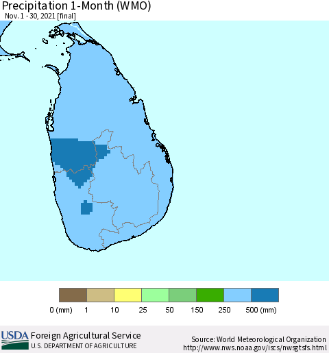 Sri Lanka Precipitation 1-Month (WMO) Thematic Map For 11/1/2021 - 11/30/2021