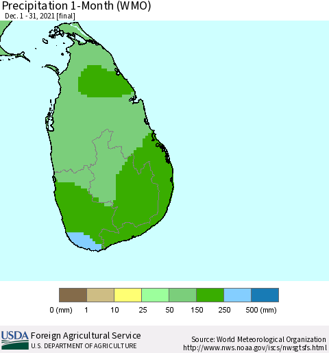 Sri Lanka Precipitation 1-Month (WMO) Thematic Map For 12/1/2021 - 12/31/2021