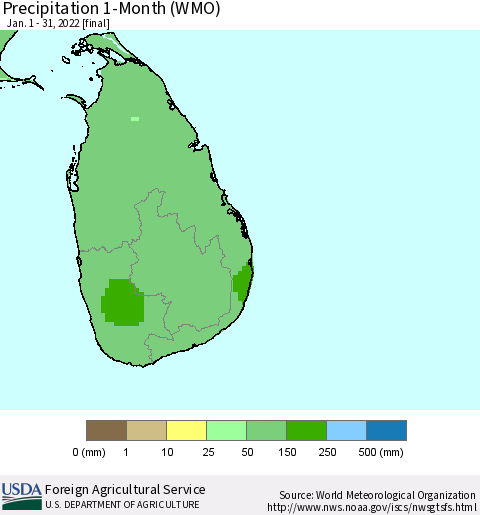 Sri Lanka Precipitation 1-Month (WMO) Thematic Map For 1/1/2022 - 1/31/2022