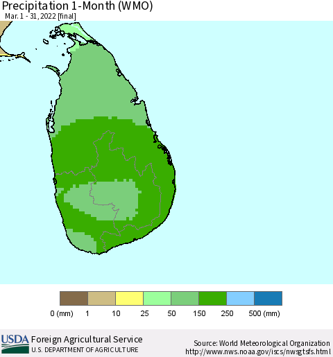Sri Lanka Precipitation 1-Month (WMO) Thematic Map For 3/1/2022 - 3/31/2022
