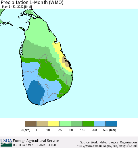 Sri Lanka Precipitation 1-Month (WMO) Thematic Map For 5/1/2022 - 5/31/2022