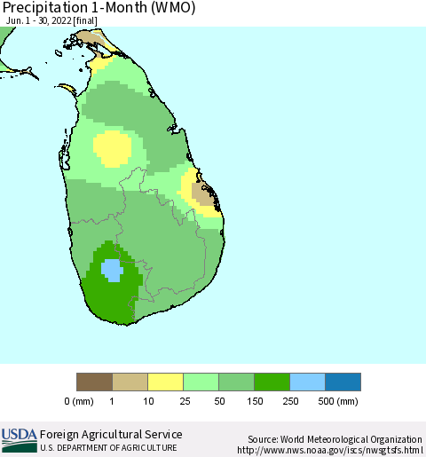 Sri Lanka Precipitation 1-Month (WMO) Thematic Map For 6/1/2022 - 6/30/2022