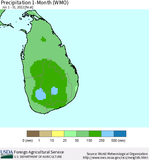 Sri Lanka Precipitation 1-Month (WMO) Thematic Map For 7/1/2022 - 7/31/2022