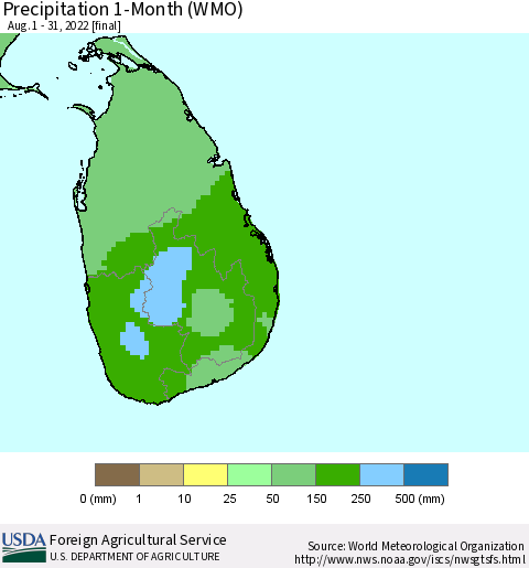 Sri Lanka Precipitation 1-Month (WMO) Thematic Map For 8/1/2022 - 8/31/2022