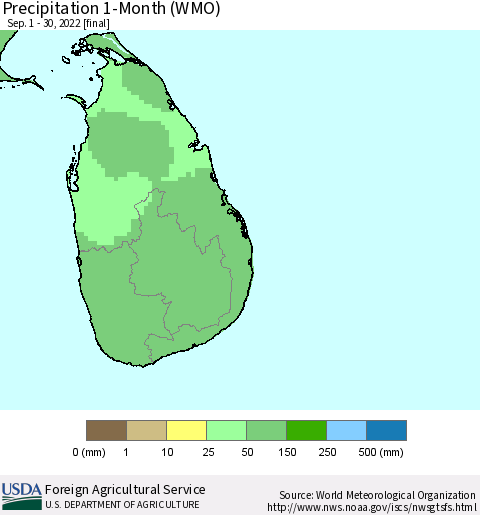 Sri Lanka Precipitation 1-Month (WMO) Thematic Map For 9/1/2022 - 9/30/2022