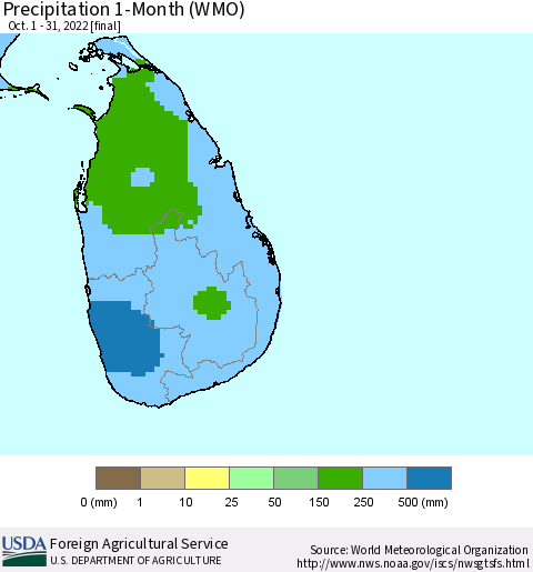 Sri Lanka Precipitation 1-Month (WMO) Thematic Map For 10/1/2022 - 10/31/2022
