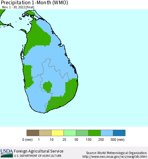 Sri Lanka Precipitation 1-Month (WMO) Thematic Map For 11/1/2022 - 11/30/2022