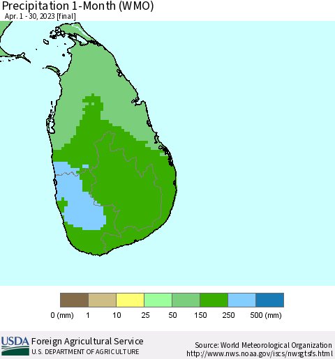 Sri Lanka Precipitation 1-Month (WMO) Thematic Map For 4/1/2023 - 4/30/2023