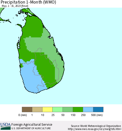 Sri Lanka Precipitation 1-Month (WMO) Thematic Map For 5/1/2023 - 5/31/2023