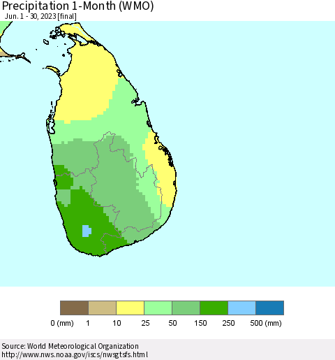 Sri Lanka Precipitation 1-Month (WMO) Thematic Map For 6/1/2023 - 6/30/2023