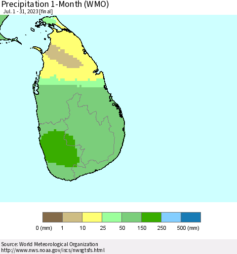 Sri Lanka Precipitation 1-Month (WMO) Thematic Map For 7/1/2023 - 7/31/2023