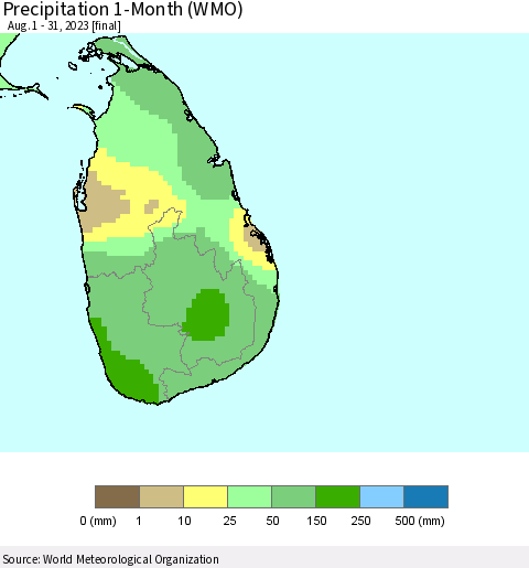 Sri Lanka Precipitation 1-Month (WMO) Thematic Map For 8/1/2023 - 8/31/2023