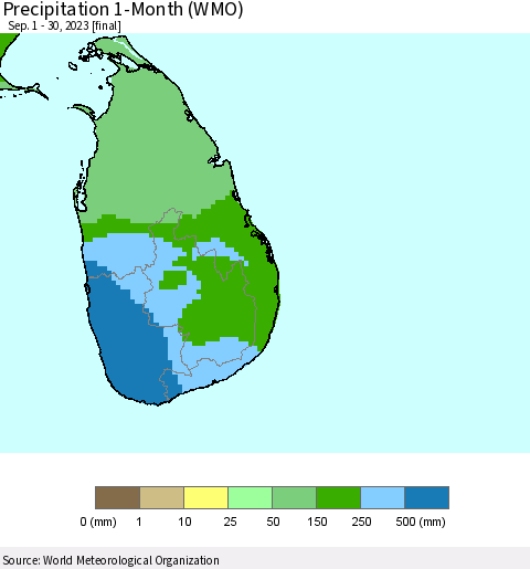 Sri Lanka Precipitation 1-Month (WMO) Thematic Map For 9/1/2023 - 9/30/2023
