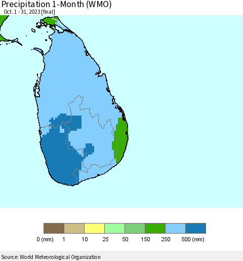 Sri Lanka Precipitation 1-Month (WMO) Thematic Map For 10/1/2023 - 10/31/2023