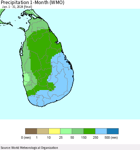 Sri Lanka Precipitation 1-Month (WMO) Thematic Map For 1/1/2024 - 1/31/2024