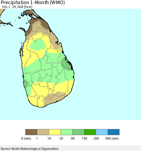 Sri Lanka Precipitation 1-Month (WMO) Thematic Map For 2/1/2024 - 2/29/2024