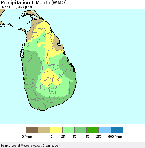 Sri Lanka Precipitation 1-Month (WMO) Thematic Map For 3/1/2024 - 3/31/2024