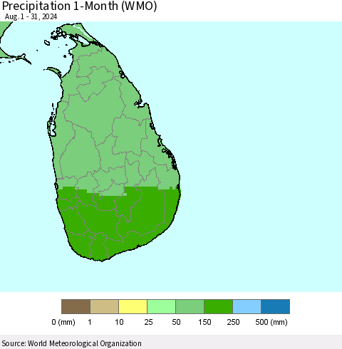 Sri Lanka Precipitation 1-Month (WMO) Thematic Map For 8/1/2024 - 8/31/2024