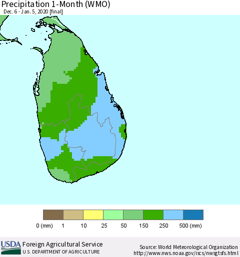 Sri Lanka Precipitation 1-Month (WMO) Thematic Map For 12/6/2019 - 1/5/2020