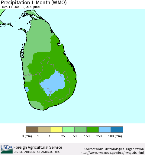 Sri Lanka Precipitation 1-Month (WMO) Thematic Map For 12/11/2019 - 1/10/2020